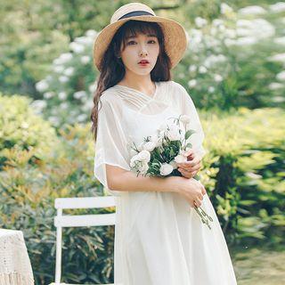 Set: Elbow-sleeve Midi A-line Chiffon Dress + Slipdress