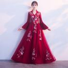 Long-sleeve Embroidered A-line Evening Gown