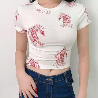Dragon Print Short-sleeve Cropped T-shirt