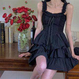 Ruffle Strap Lace-up A-line Layered Dress