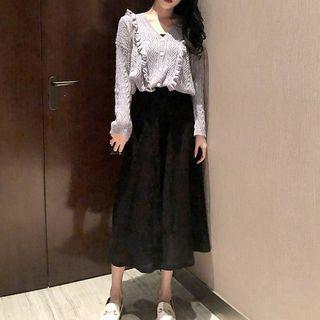 Ruffle Trim Cardigan / Midi A-line Knit Skirt