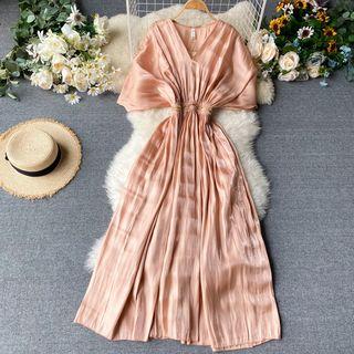 V-neck Batwing Sleeve Midi A-line Dress