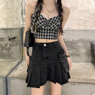 Plaid Halter Top / Denim Pleated Skirt