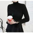 Mock-neck Slit-sleeve Slim-fit Top