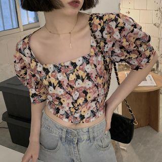 Short-sleeve Floral Print Top Floral - Black - One Size