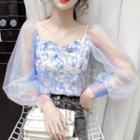 Square-neck Puff-sleeve Mesh Panel Flower Blouse