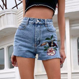 High-waist Bird-print Denim Shorts
