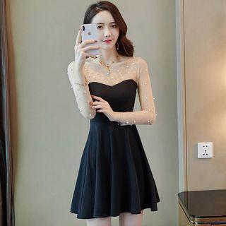 Beaded Mesh Panel Long-sleeve Mini A-line Dress