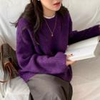 Long-sleeve Plain Knit Top Grape Purple - One Size