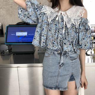 Elbow-sleeve Floral Print Cold Shoulder Blouse