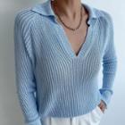 V-neck Plain Stripe Knit Top