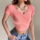 Short-sleeve Henley Sports Crop Top