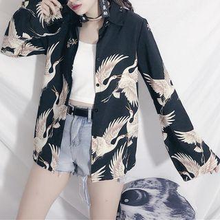 3/4-sleeve Printed Shirt Black - One Size
