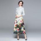 3/4-sleeve Stand-collar Floral Print Belted Midi A-line Shirtdress