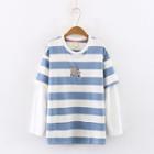 Mock Two-piece Mouse Embroidered Striped T-shirt Light Blue - One Size