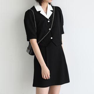 Elbow-sleeve Notch Lapel Button-up Blouse / Mini A-line Skirt