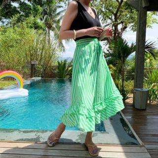 Band-waist Frilled-hem Striped Skirt Green - One Size
