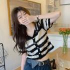 Short-sleeve Striped Crop Knit Top Stripes - Black & White - One Size