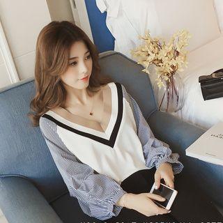 Puff-sleeve Striped Panel V-neck Pullover