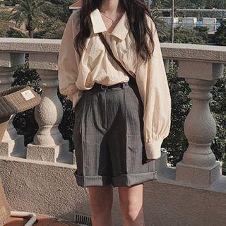 Plain Long-sleeve Blouse / High-waist Pinstriped Shorts