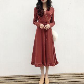 Drawstring Waist Frilled Trim V-neck Dress
