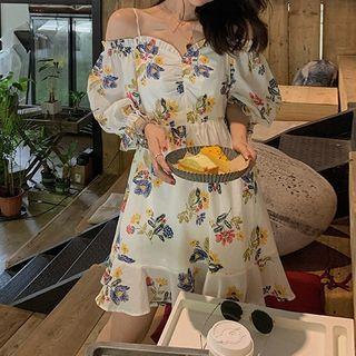 Puff-sleeve Cold Shoulder Floral A-line Dress