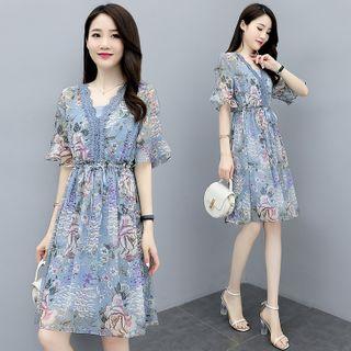 Set: Short-sleeve Floral Print Lace Trim A-line Dress + Slipdress