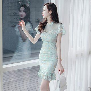 Short-sleeve Floral Print Lace Sheath Dress