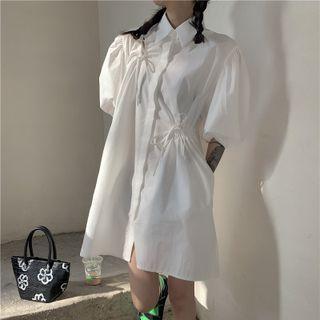 Puff Sleeve Drawstring Asymmetrical Dress White - One Size