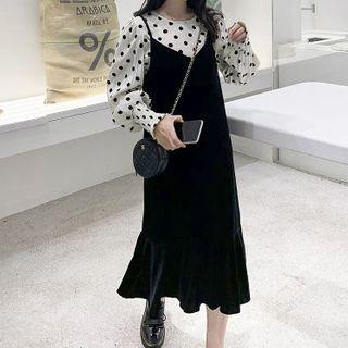 Set: Dotted Blouse + Midi A-line Pinafore Dress