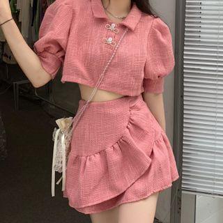 Set: Puff-sleeve Polo Cropped Blouse + Frill Trim Mini A-line Skirt