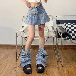 Set: Fray Hem Denim Mini A-line Skirt + Leg Warmer