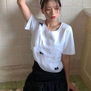 Bow Mesh Panel T-shirt White - One Size