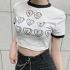 Short-sleeve Heart Print Crop T-shirt White - One Size