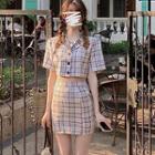 Short-sleeve Plaid Cropped Blouse / Slit Mini Pencil Skirt