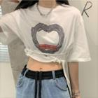 Short-sleeve Heart Print Cropped T-shirt Gray Heart - White - One Size
