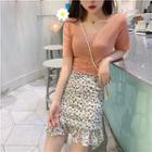 Tie-back Short-sleeve Knit Top / Flower Print Ruffle Mini Pencil Skirt