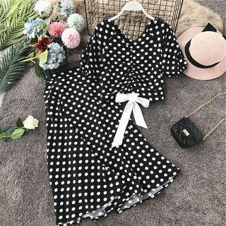 Set: Elbow-sleeve Dotted Top + Midi Skirt