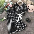 Set: Elbow-sleeve Dotted Top + Midi Skirt