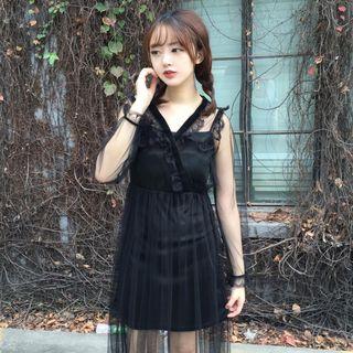 Set: Long-sleeve Sheer See Through Dress + Slipdress