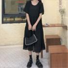Elbow-sleeve Plain Midi A-line Dress Black - One Size