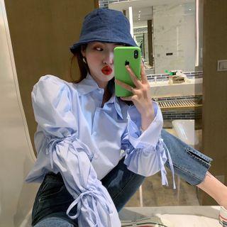 Plain Single-breasted Lace-up Long-sleeve Blouse