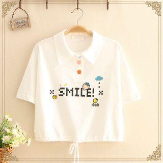 Print Drawstring Short-sleeve Polo Top