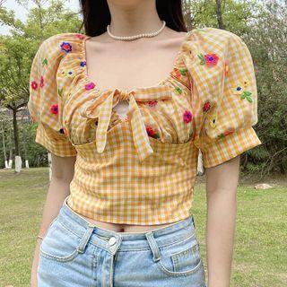 Puff-sleeve Flower Embroidered Gingham Crop Top
