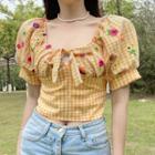 Puff-sleeve Flower Embroidered Gingham Crop Top