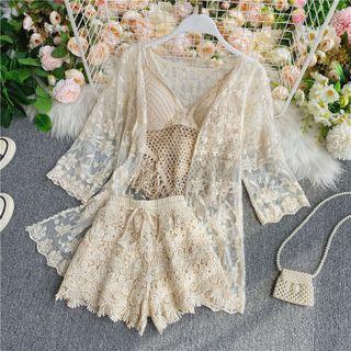 Set: Crochet Knit Camisole + Lace Shorts + Lace Cardigan Almond - One Size