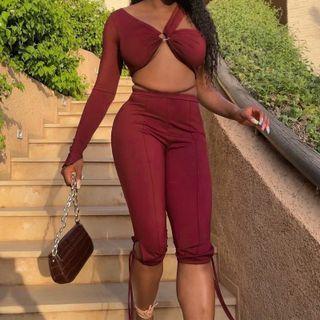 Set: Long-sleeve One-shoulder Drawstring Crop Top + Capri Leggings