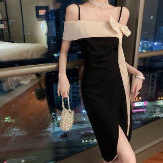 Cold-shoulder Two-tone Ribbon Sheath Dress