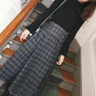 Set: Bell-sleeve Knit Top + Plaid A-line Midi Jumper Skirt