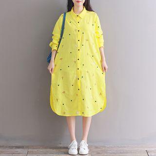 Long-sleeve Embroidered Midi Shirtdress